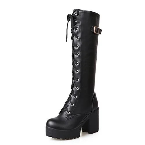 Synthetic Leather Lacing Knee High Round Toe Heel Boots for Women