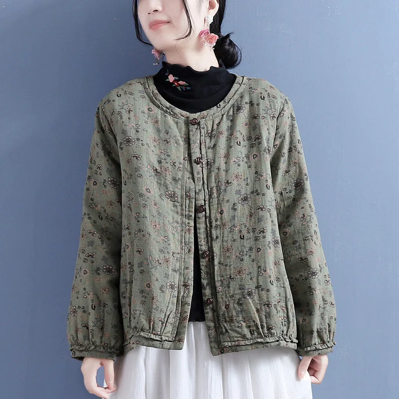 Cotton Linen Winter Retro Floral Printed Coat