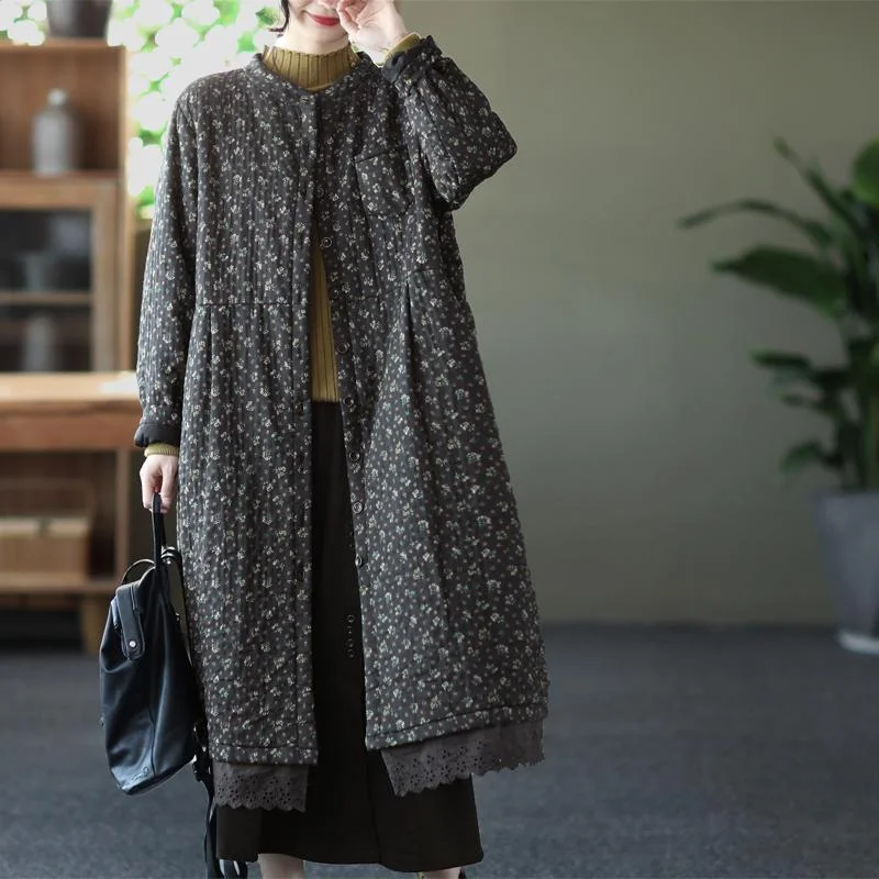 Winter Retro Loose Linen Quilted Floral Overcoat