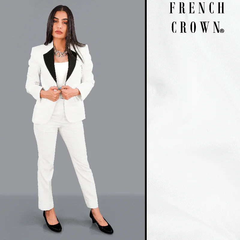 Bright White with Black Patch Collar Premium Cotton Women's Suit