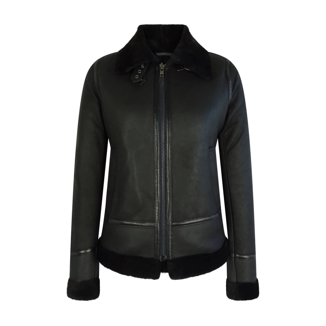 Women's Classic Black Sheepskin Zip Flying Jacket B3 Pilot Coat