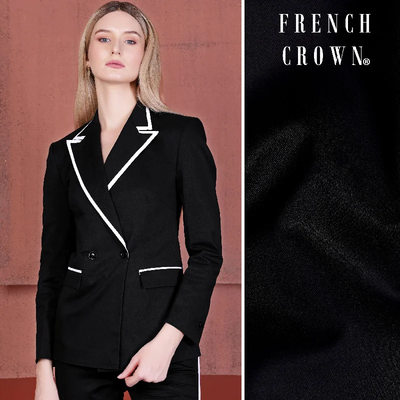 Jade Black With White Piping Work Wool Rich Double Breasted Women’s Designer Suit