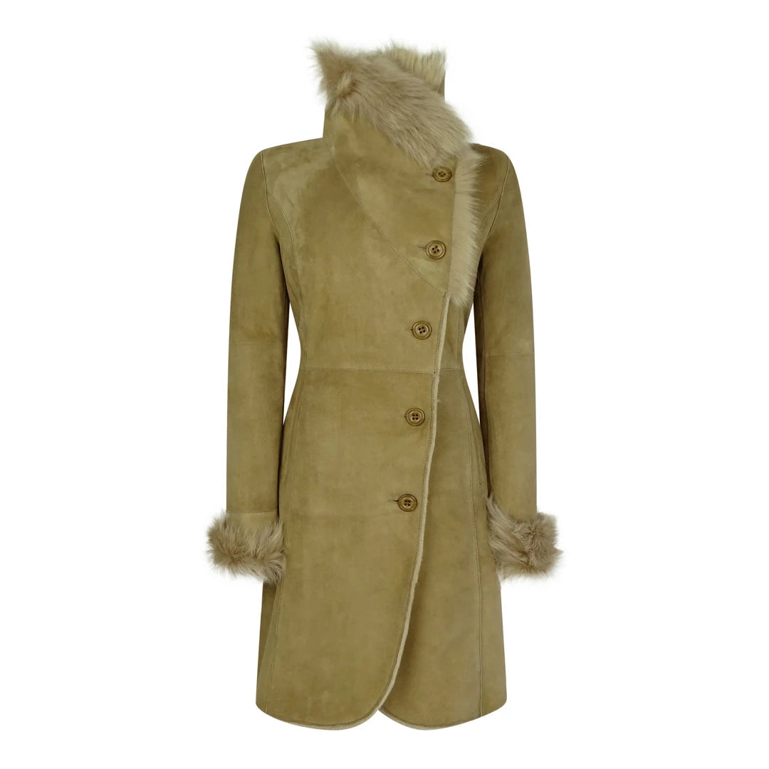 Women's Sheepskin Jacket Suede Button 3/4 Long Trench Coat Italian