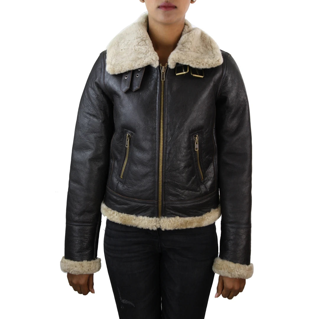 Women's Sheepskin Leather Coat Brown Beige Fur Women's Flying Jacket