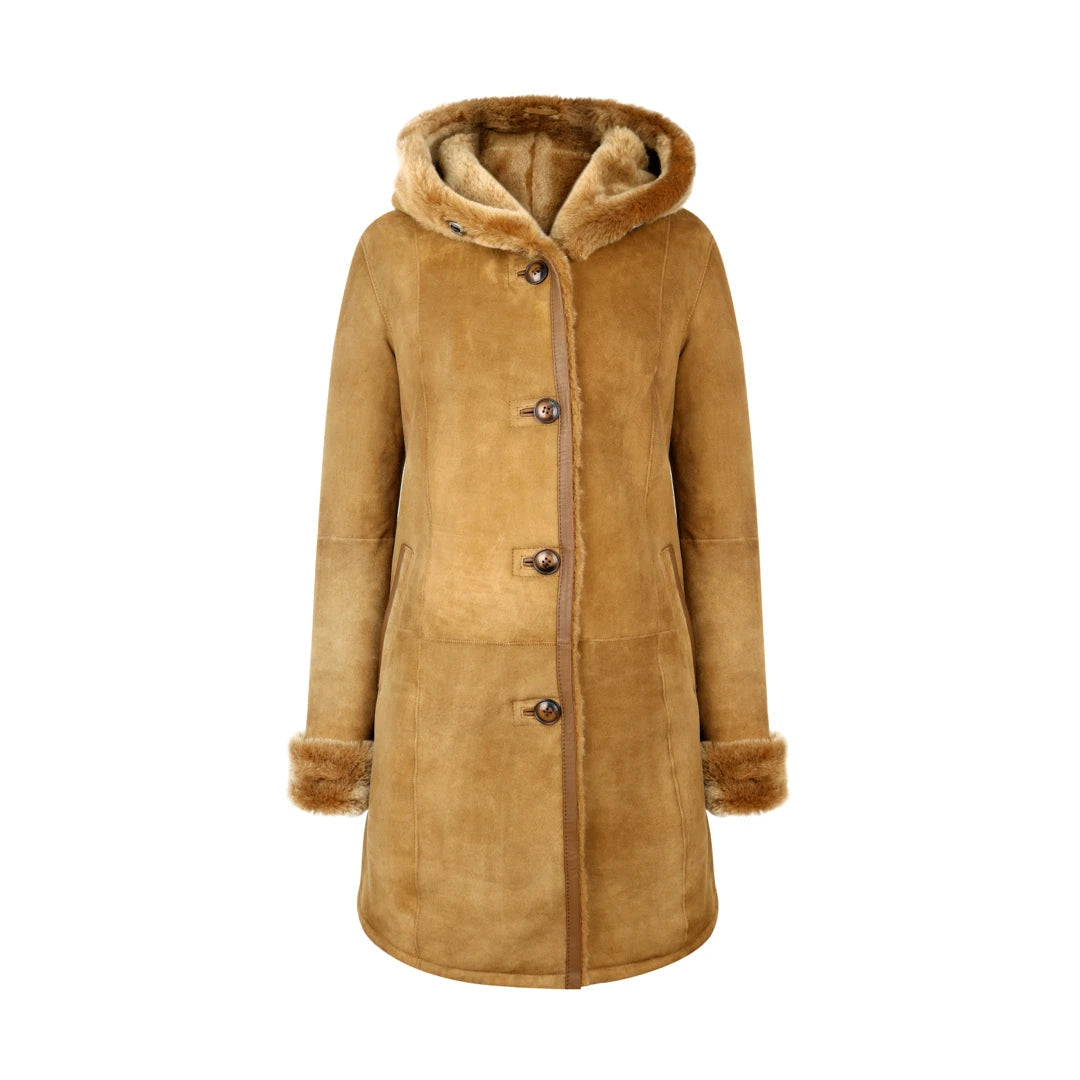 Women's Sheepskin Jacket 3/4 Long Hood Merino Fur Button Camel Tan