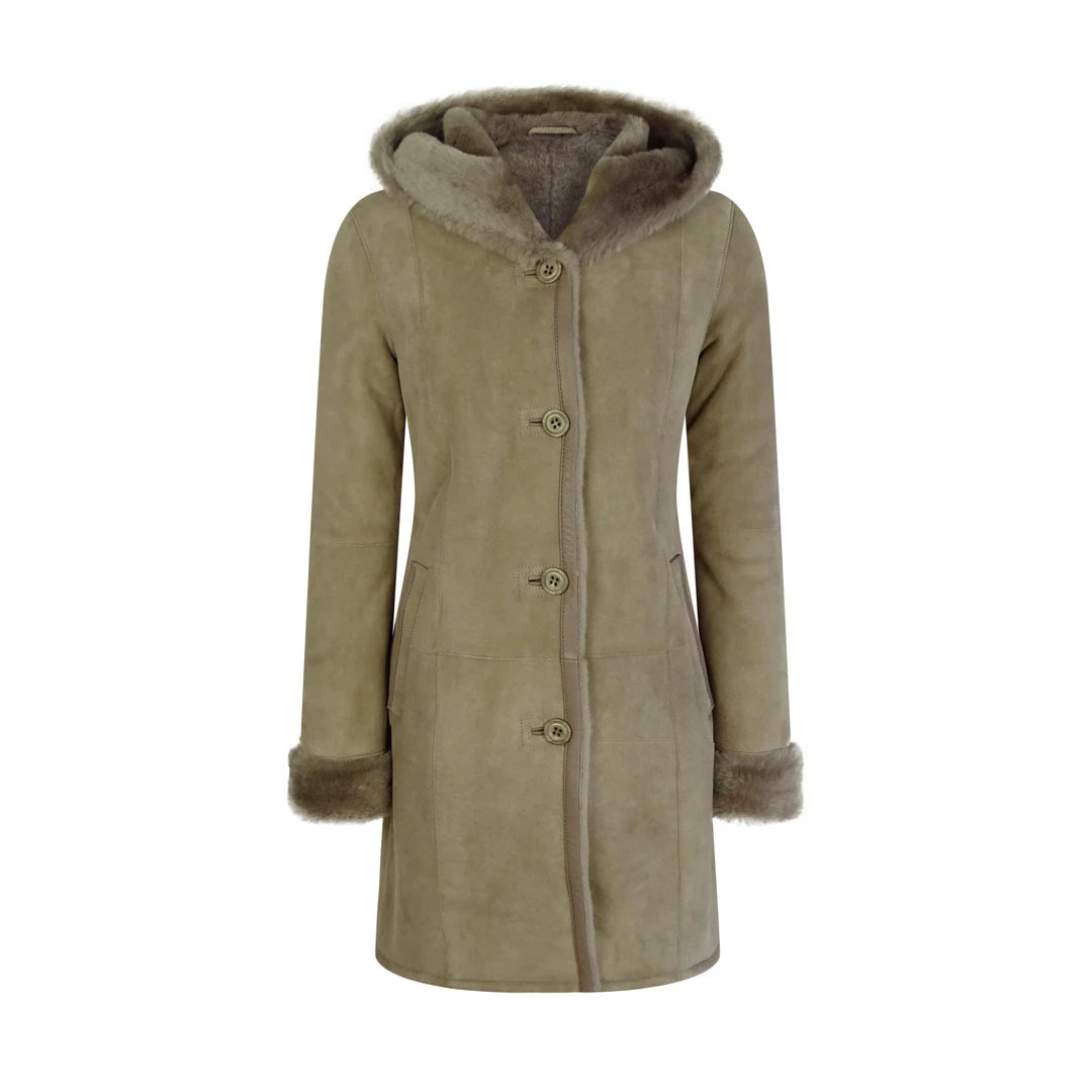 Women's Beige 3/4 Long Hood Morino Sheepskin Jacket Button Brown