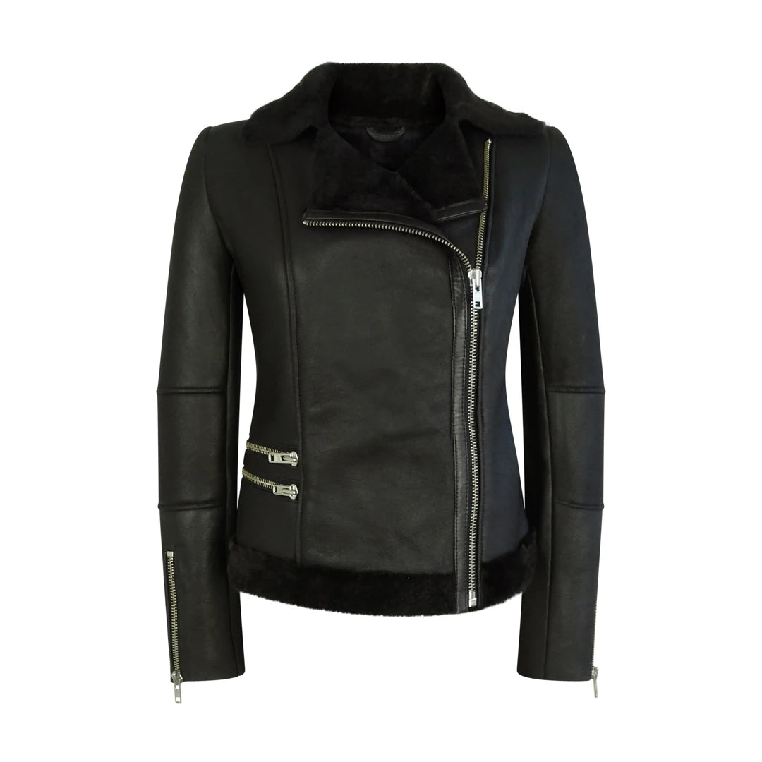 Women's Short Morino Black Sheepskin Cross Zip Biker Style