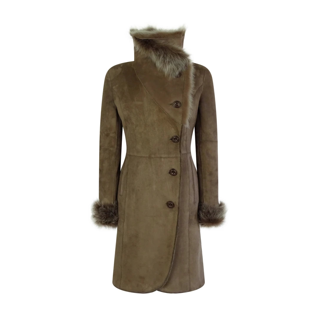 Women's Sheepskin Jacket Suede Button 3/4 Long Trench Coat Italian