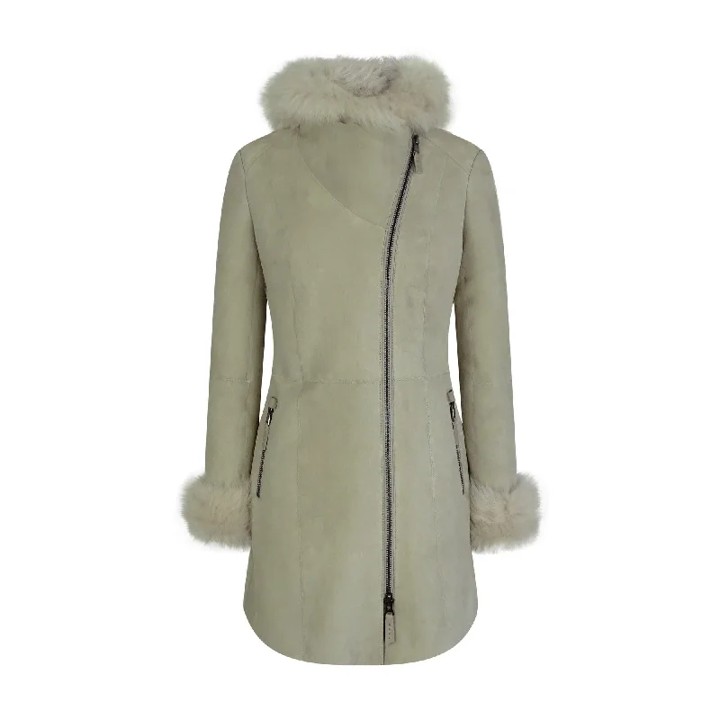 Women's 3/4 Long Cream Toscana Sheepskin Suede Hood Jacket