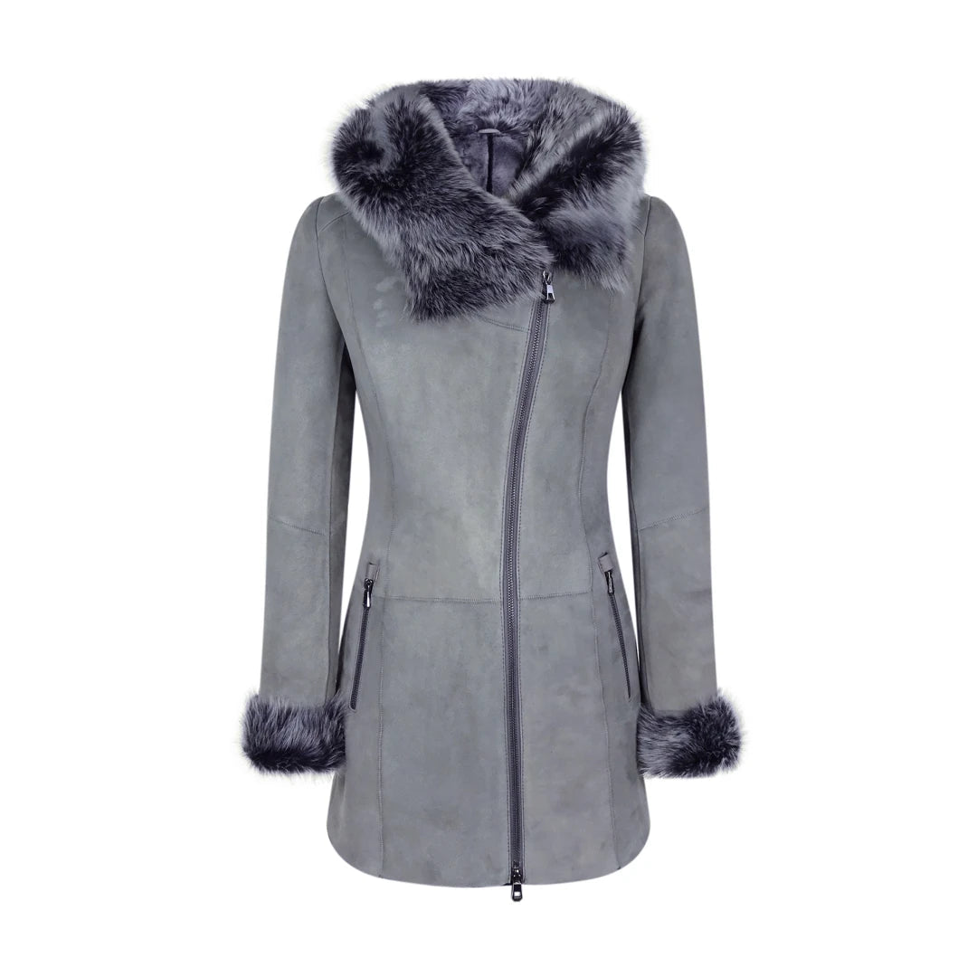 Grey Women's Long Suede Toscana Sheepskin Coat Zipped Hood