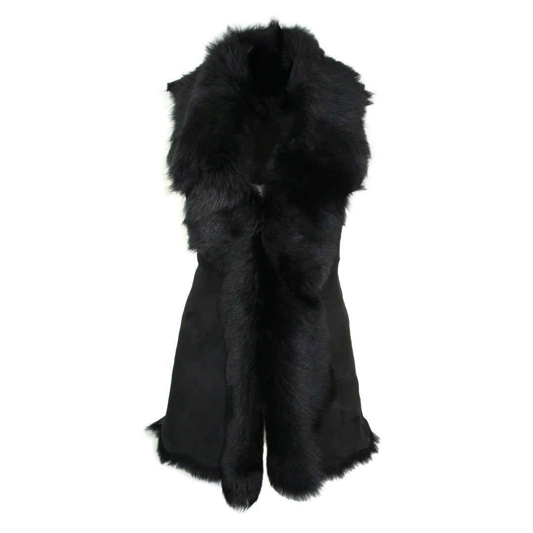 Women's Spanish Toscana Shearling Sheepskin Black Leather Waistcoat