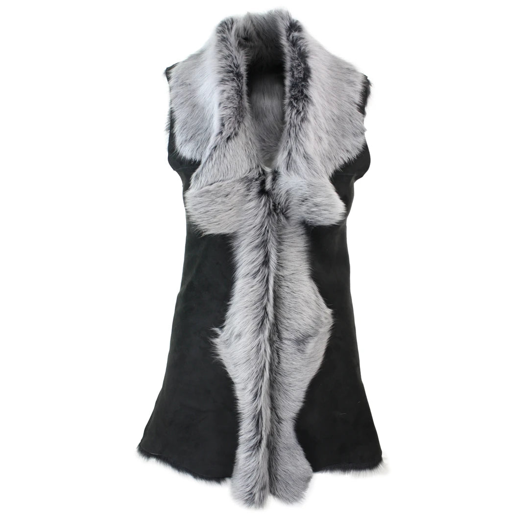 Women's Spanish Toscana Shearling Sheepskin Black Grey Leather Waistcoat