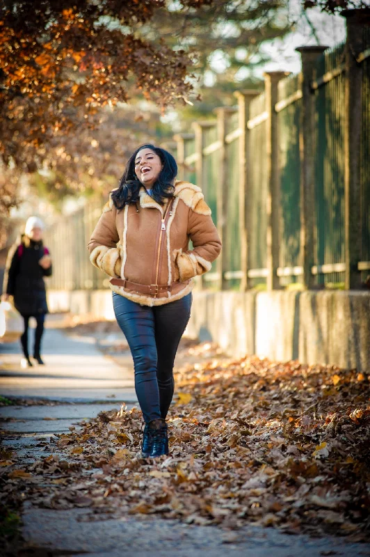 Women's Classic Real Sheepskin Biker Jacket [Tan]