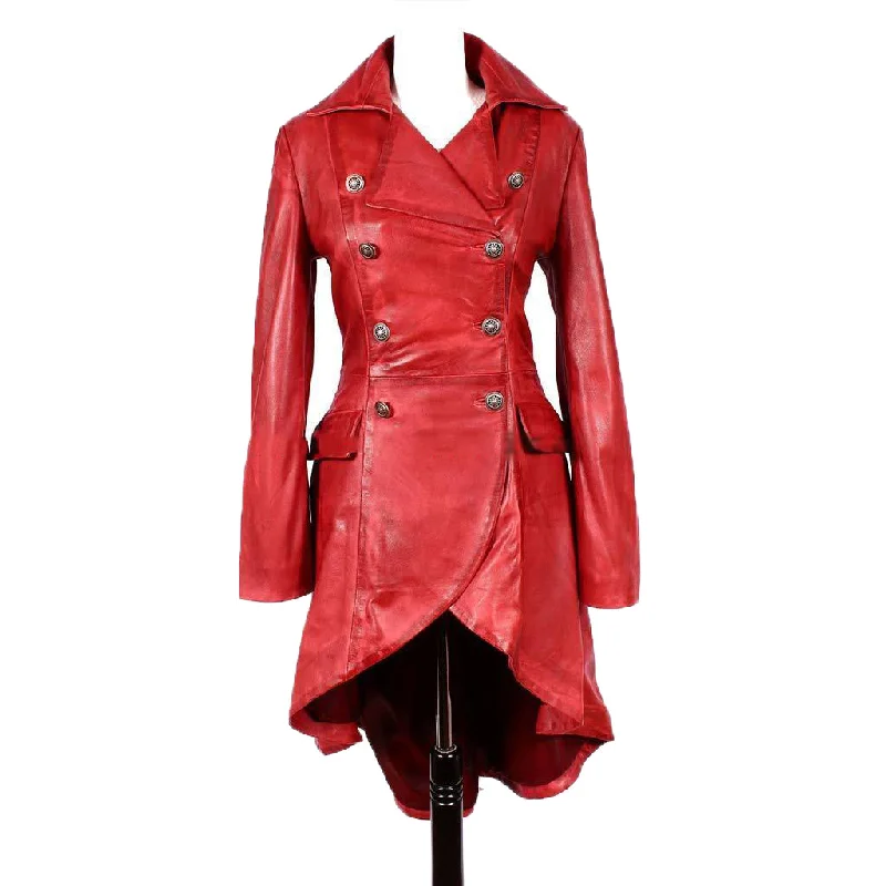 Women's Double Breasted Corset back Red Leather Coat TC19