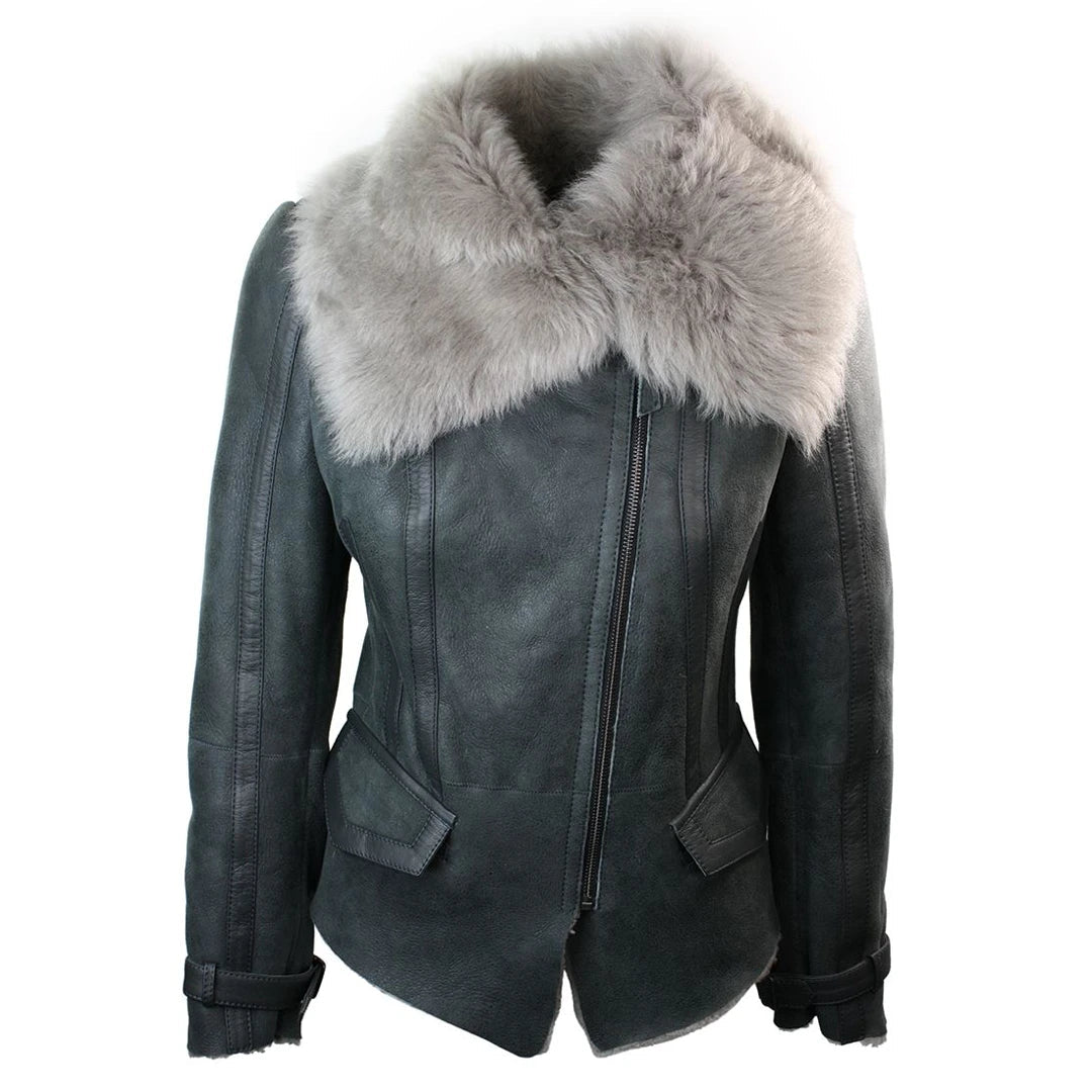 Women's Short Grey Shearling Sheepskin Jacket